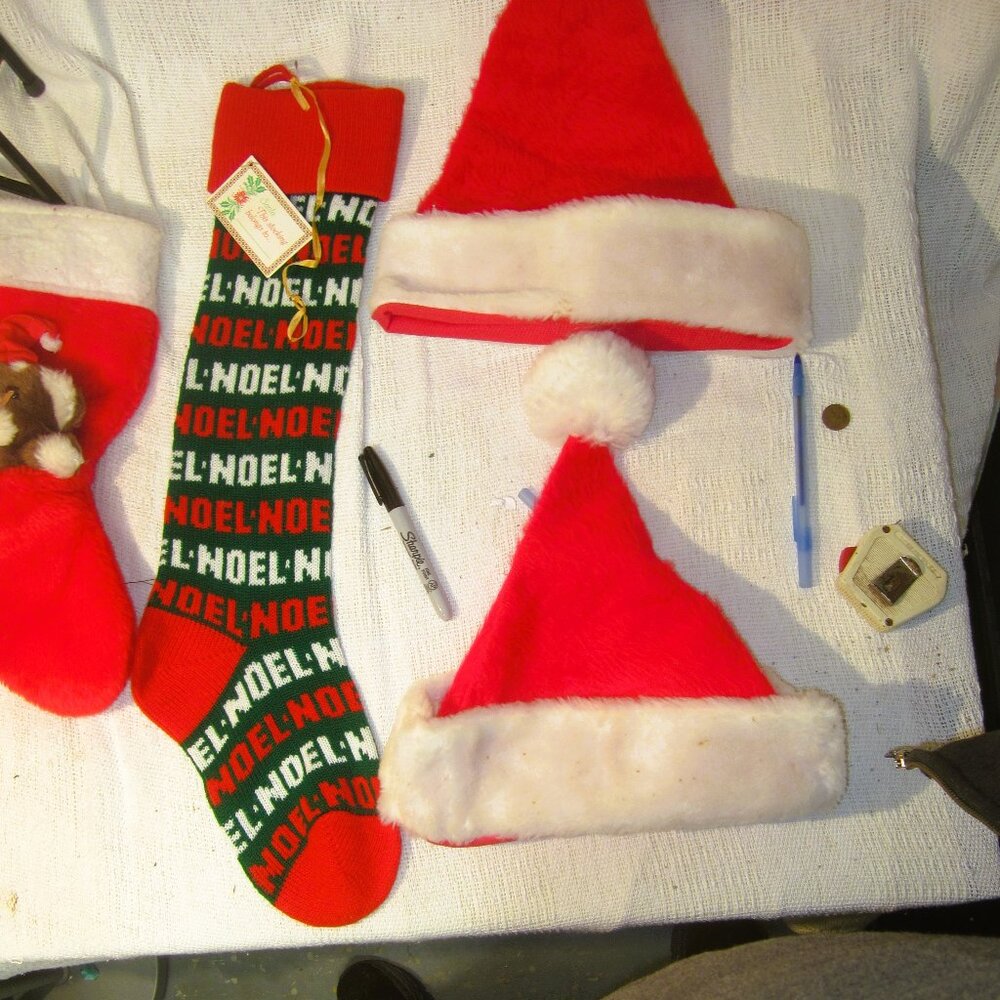VINTAGE CHRISTMAS DECOR ITEMS, 2 STOCKING 2 SANTA HATS
